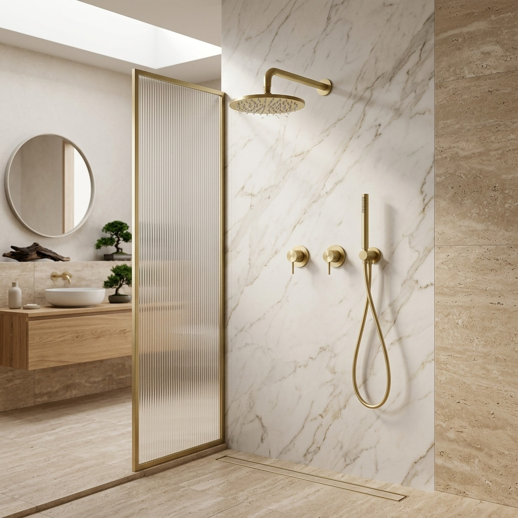 Aquanello Eterna Guld PVD Inbyggt Duschset med 2 Blandare 20 cm Regndusch och Handdusch ET-S-SET5-1-60